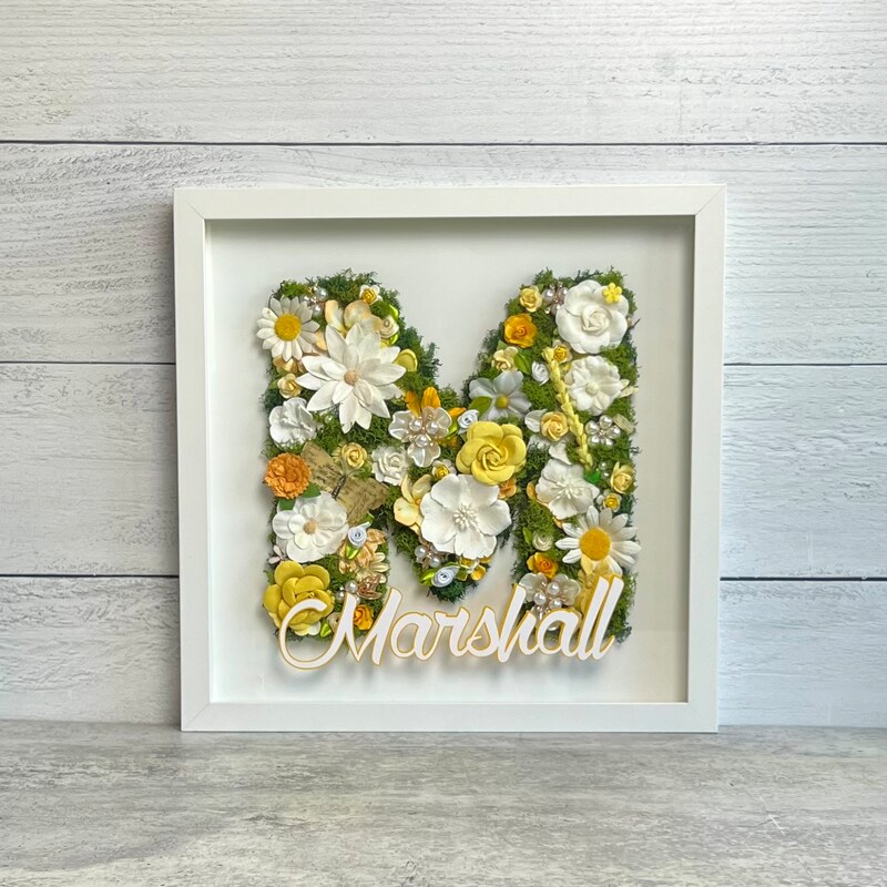 Yellow Floral Name Sign, Sunny Nursery Decor, Personalized Shadowbox, Decorative Flower Letter, Moss Letter